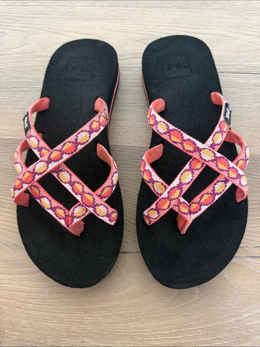 Teva Olowahu Women's Coral, White, Purple & Yellow Patterned Cross-Strap Sandals